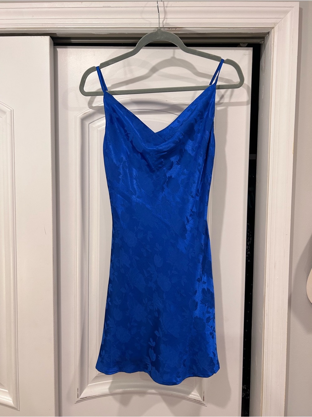 Lulu’s Blue Satin Slip Dress with Cowl Neck